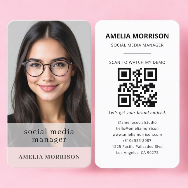Social Media Manager Blush Pink QR Code Photo  Business Card (Creator Uploaded)