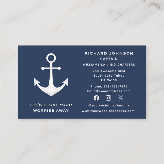 Social Media Nautical Blue White Anchor Boat Yacht Business Card (Front)