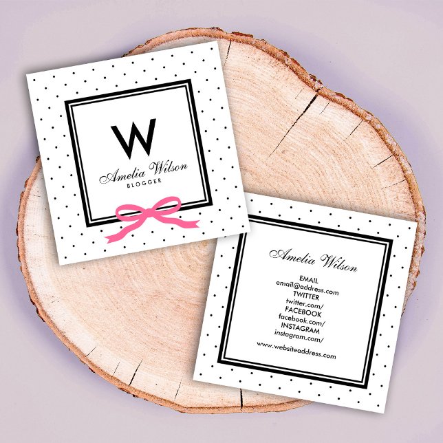 Social Media Polka Dot Pink Ribbon Monogram Square Business Card (Creator Uploaded)