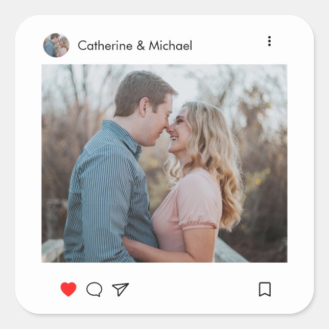 Social Media Post Style Photo and Name Couple Square Sticker (Front)