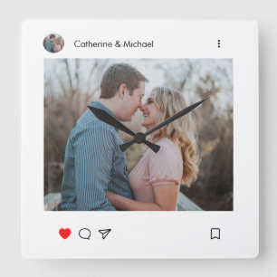 Social Media Post Style Photo and Name Couple Square Wall Clock