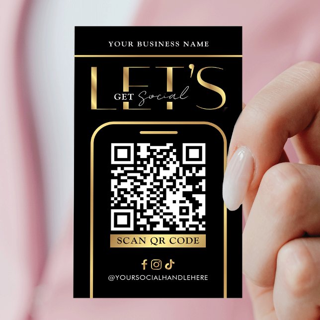 Social Media QR Code Black & Gold Logo QR Code Business Card (Modern black and gold QR code business cards - great to promote your social media or website)