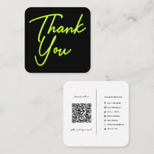 Social Media QR Code Business Neon Green Thank You Square Business Card