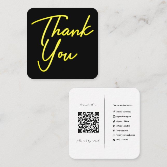 Social Media QR Code Business Yellow Thank You Square Business Card (Front/Back)