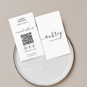 Social Media QR Code Girly Calligraphy White Business Card