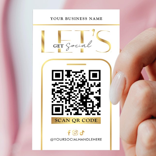 Social Media QR Code Glam Gold Logo QR Code Business Card (Modern white and gold QR code business cards - great to promote your social media or website)