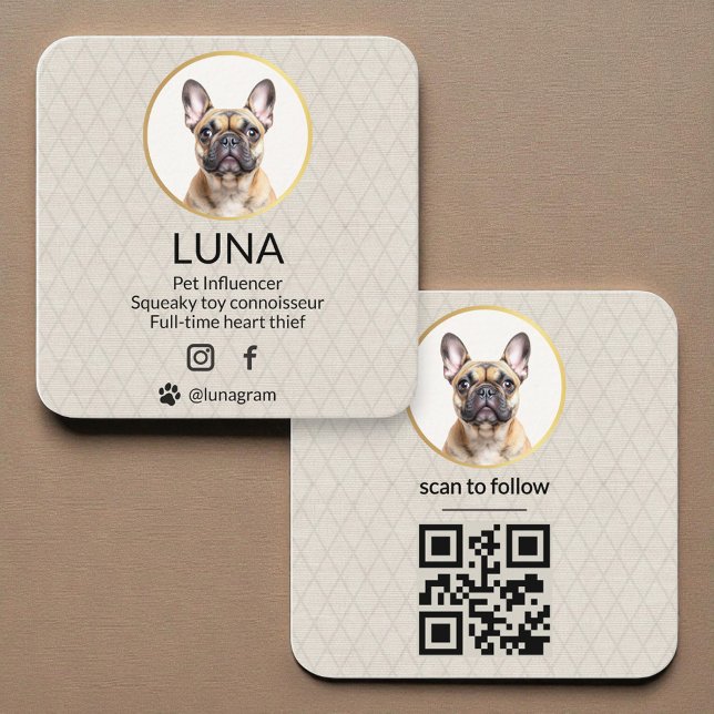  Social Media QR Code Gold Dog Pet Linen Photo  Square Business Card (Creator Uploaded)