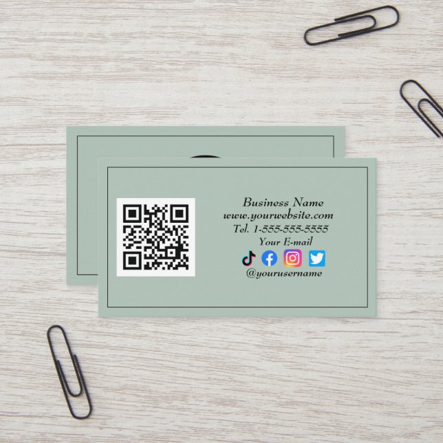 Social media QR Code Logo Influencer Sage Green Business Card (Front/Back In Situ)