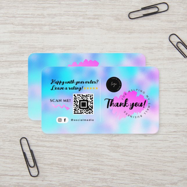 Social Media QR Code Logo Thank You Modern Blue Business Card (Front/Back In Situ)