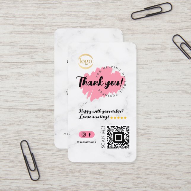 Social Media QR Code Logo Thank You Modern Marble Business Card (Front/Back In Situ)
