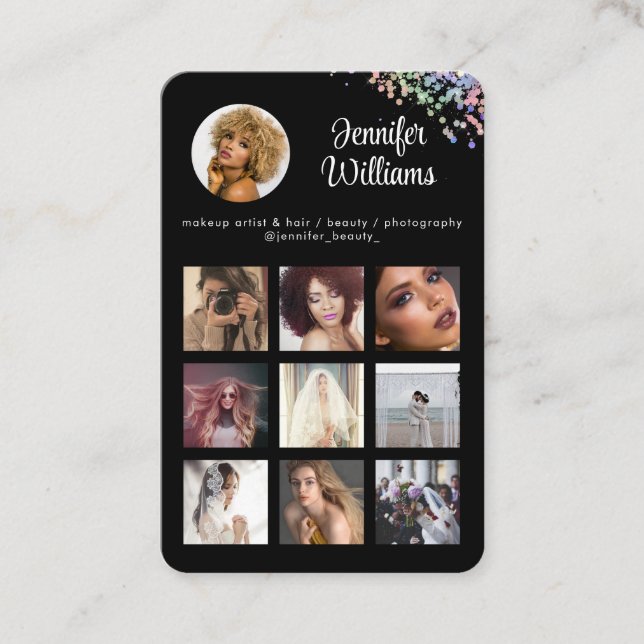 Social Media QR Code Photo Glitter Black Modern Business Card (Front)