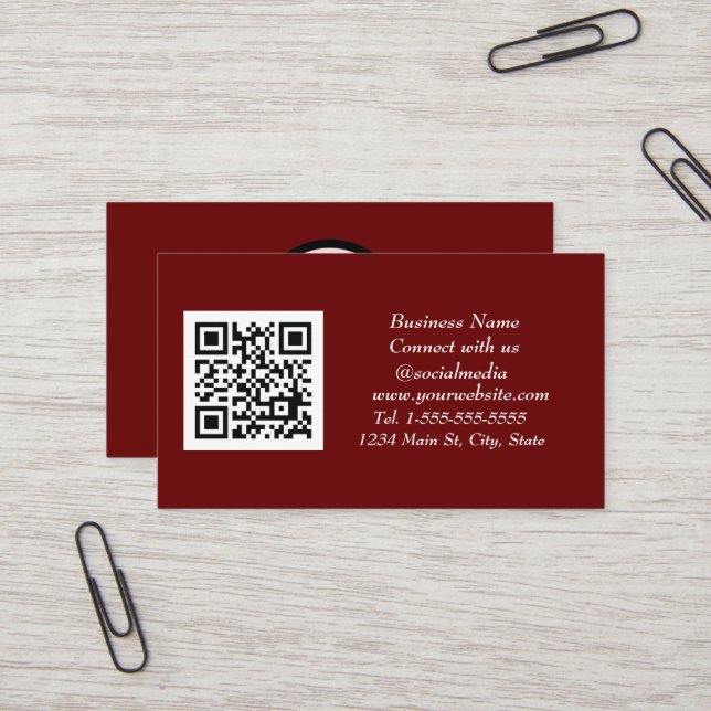 Social media QR Code Scannable Burgundy Maroon Business Card (Front/Back In Situ)