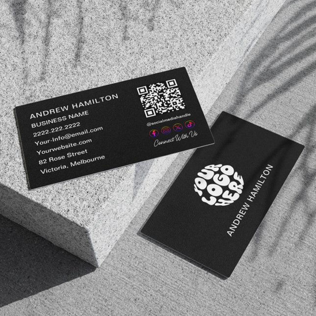Social Media Scannable QR Code Logo Custom Black Business Card (Creator Uploaded)