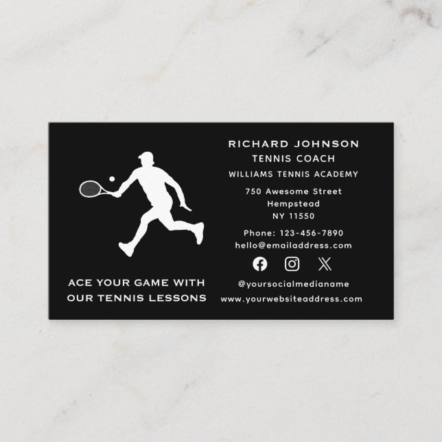 Social Media Tennis Coach Male Instructor Sports Business Card (Front)