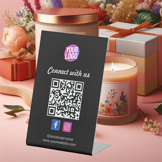 Social Media with QR Code Black Business Card Pedestal Sign (Creator Uploaded)