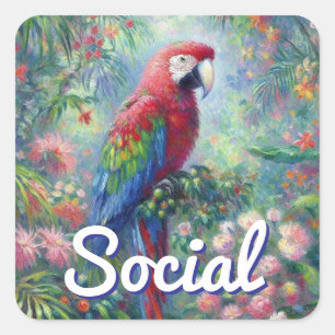 Social Parrot Bird Jungle Floral Painting Square Sticker