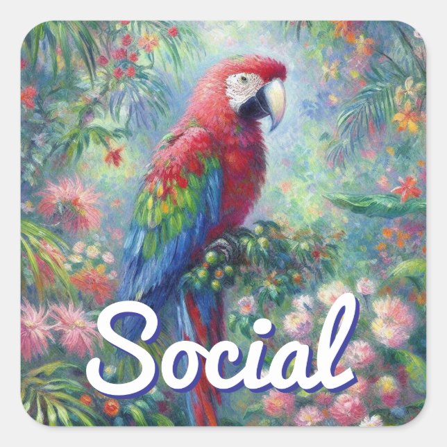 Social Parrot Bird Jungle Floral Painting Square Sticker (Front)