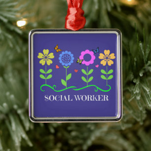 "Social Worker," Graphic Spring Flowers, Metal Ornament