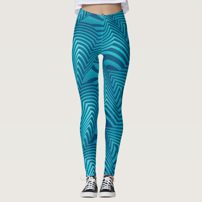 Socialite Turquoise Blue Crazy Stripes Pattern Leggings (Front)