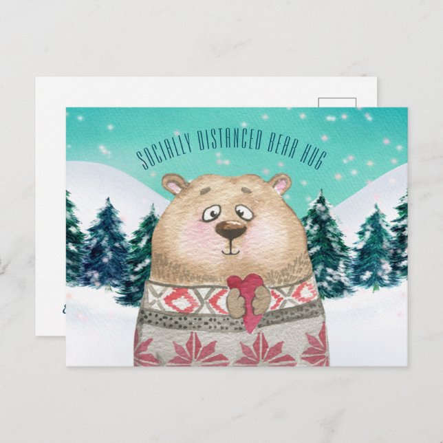 Socially Distanced Bear Hug Cute Forest Snow Scene Holiday Postcard (Front/Back)