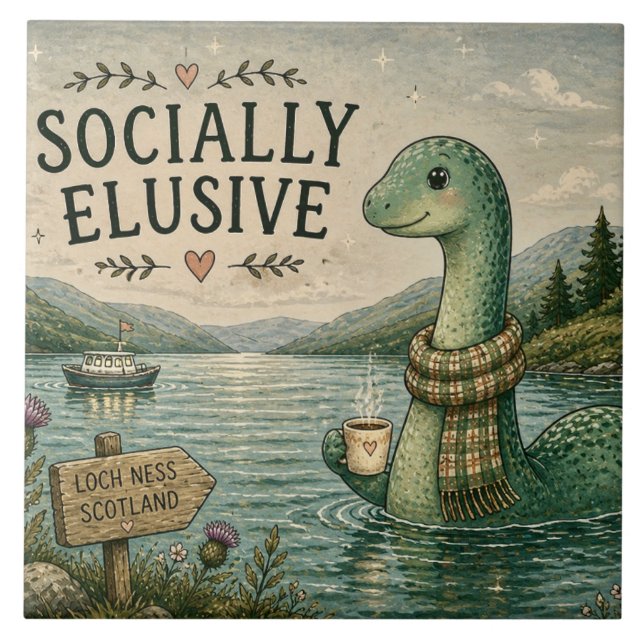 Socially Elusive Nessie Cosy Cryptid Loch Ness  Ceramic Tile (Front)