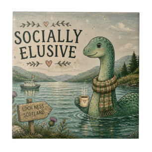 Socially Elusive Nessie Cosy Cryptid Loch Ness Ceramic Tile