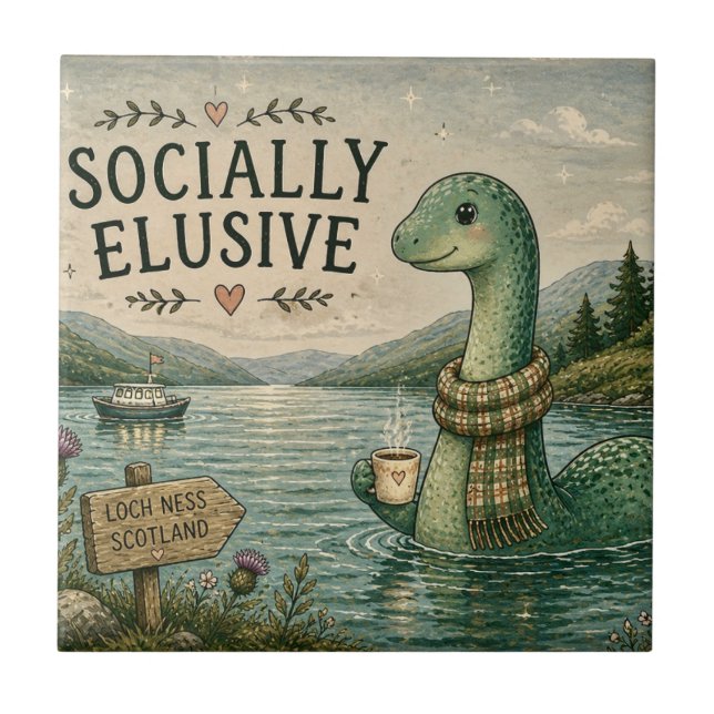 Socially Elusive Nessie Cosy Cryptid Loch Ness  Ceramic Tile (Front)