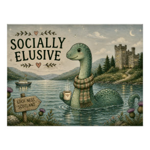 Socially Elusive Nessie Cosy Cryptid Loch Ness Poster