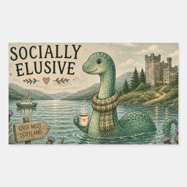 Socially Elusive Nessie Cosy Cryptid Loch Ness  Rectangular Sticker (Front)