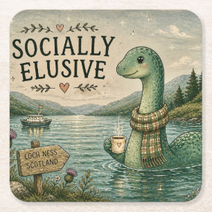 Socially Elusive Nessie Cosy Cryptid Loch Ness Square Paper Coaster
