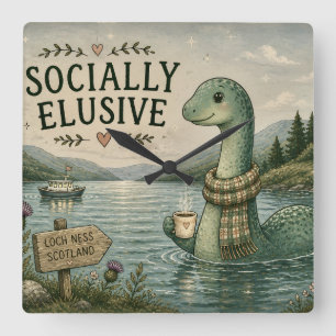 Socially Elusive Nessie Cosy Cryptid Loch Ness  Square Wall Clock