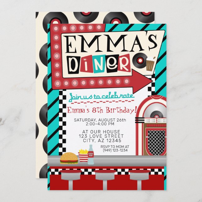 Sock Hop 50's diner juke box & records Birthday Invitation (Front/Back)