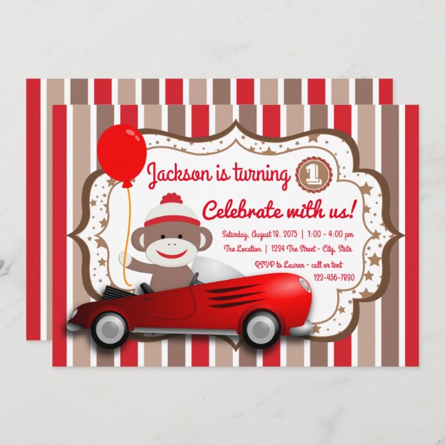 Sock Monkey 1st Birthday Party Invitation (Front/Back)