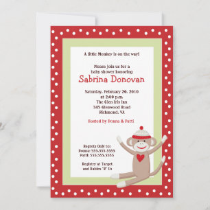 Sock Monkey 5x7 Baby Shower Invitation (Red)