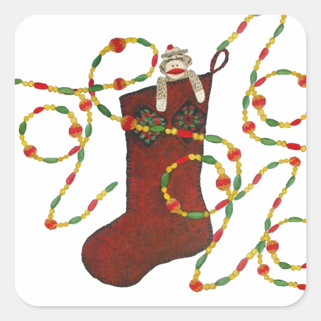 Sock Monkey and garland Christmas Stocking Sticker (Front)