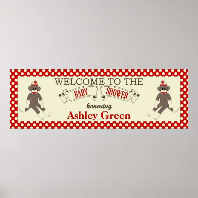 Sock Monkey Baby Shower Banner Personalise Poster (Front)