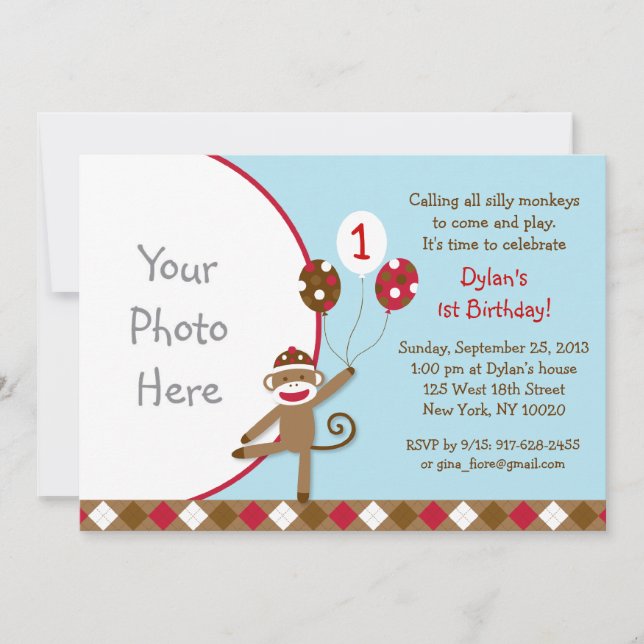 Sock Monkey Balloon Photo Birthday Invitations (Front)