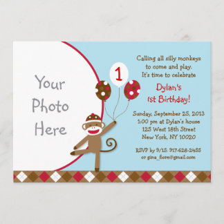 Sock Monkey Balloon Photo Birthday Invitations