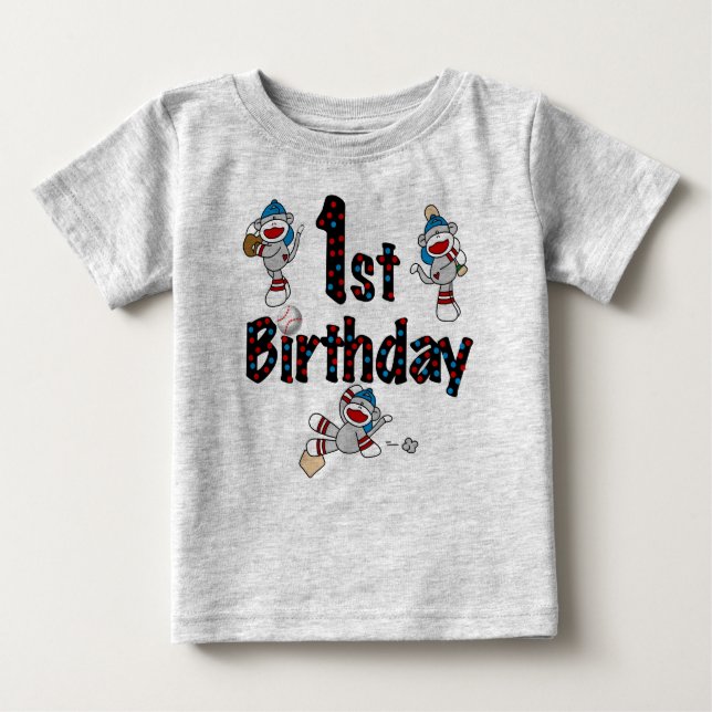 Sock Monkey Baseball 1st Birthday Baby T-Shirt (Front)