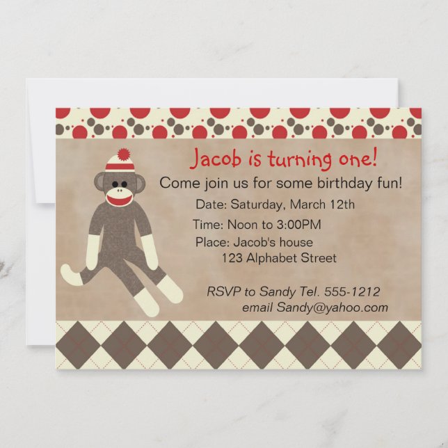 Sock Monkey Birthday Invitation (Front)