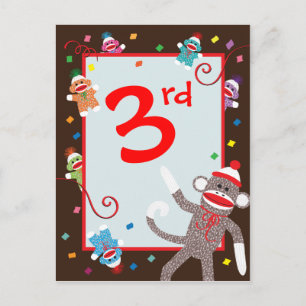 Sock Monkey Birthday Party Banner 3rd Postcard