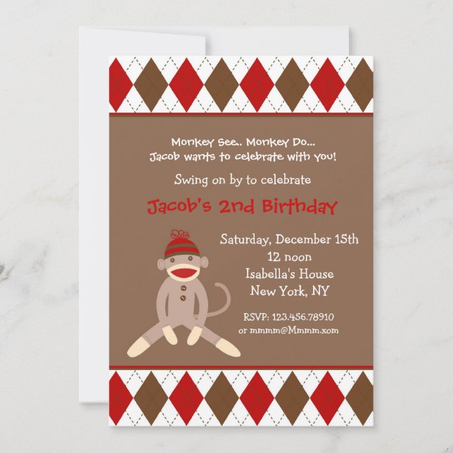 Sock Monkey Birthday Party Invitations (Front)
