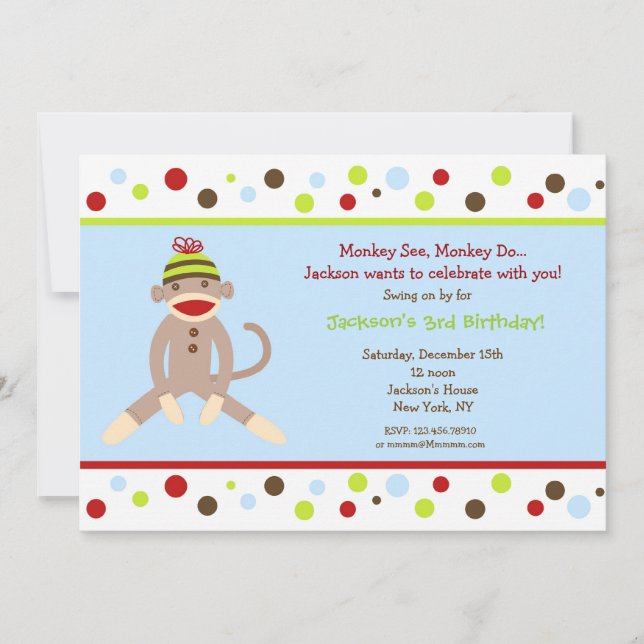 Sock Monkey Birthday Party Invitations Kids (Front)