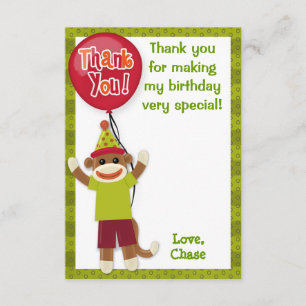 Sock Monkey Birthday Party Thank You card 3.5"x5