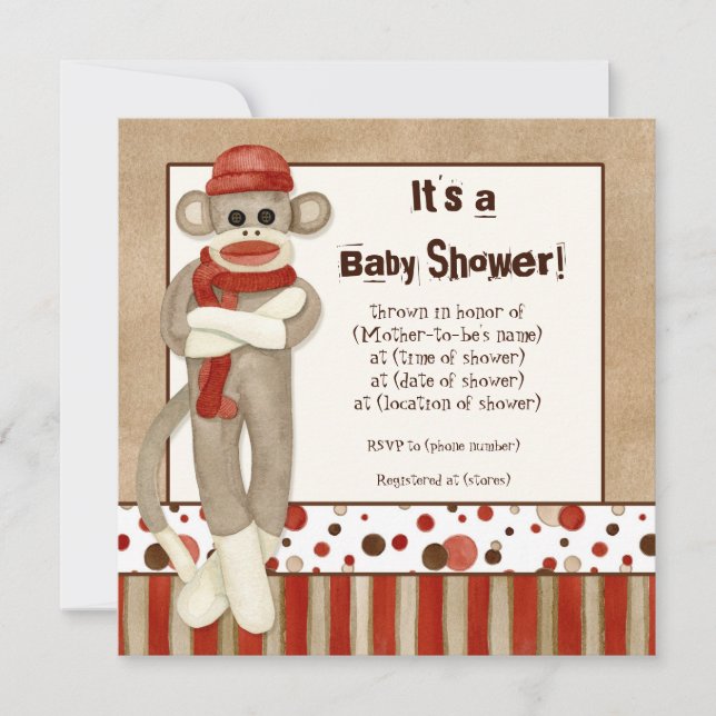 Sock Monkey, Boy Baby Shower Invitation (Front)