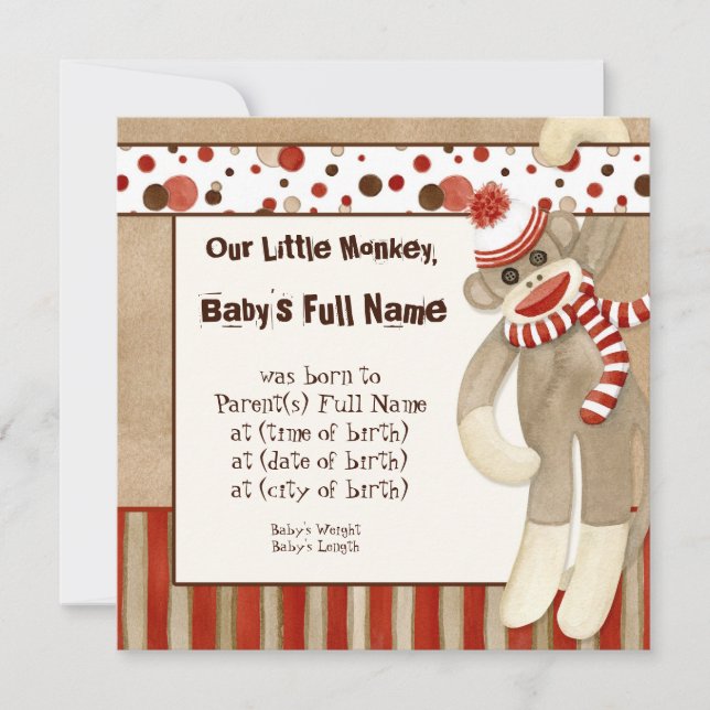 Sock Monkey, Boy Birth Announcement (Front)