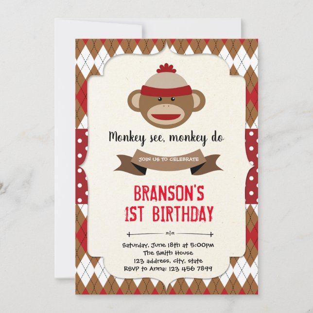 Sock monkey boy party invitation (Front)