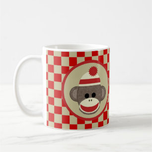 Sock Monkey boy with red and beige checks mug
