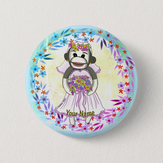 Sock Monkey Bride wedding pin button (Front)