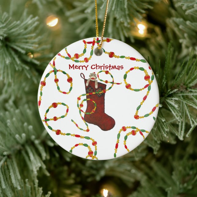 Sock Monkey Christmas  Ceramic Ornament (Tree)